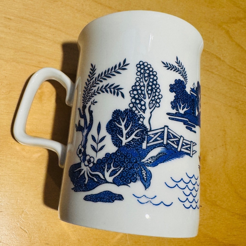 Blue Willow Transferware Ceramic Coffee Mug Oriental Landscape Pagoda Design